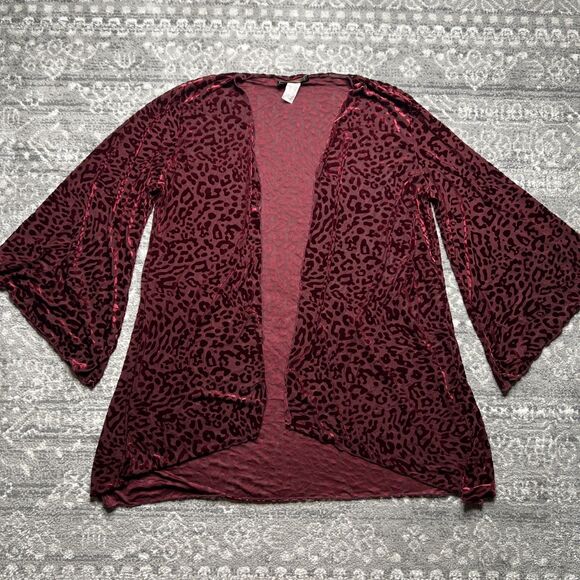 L and B Lucky Blessed Burnout Velvet Cardigan Kimono Size Large Burgundy Leopard - Picture 1 of 6